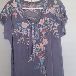 Johnny Was Beautiful Floral Embroidered Blue Blouse